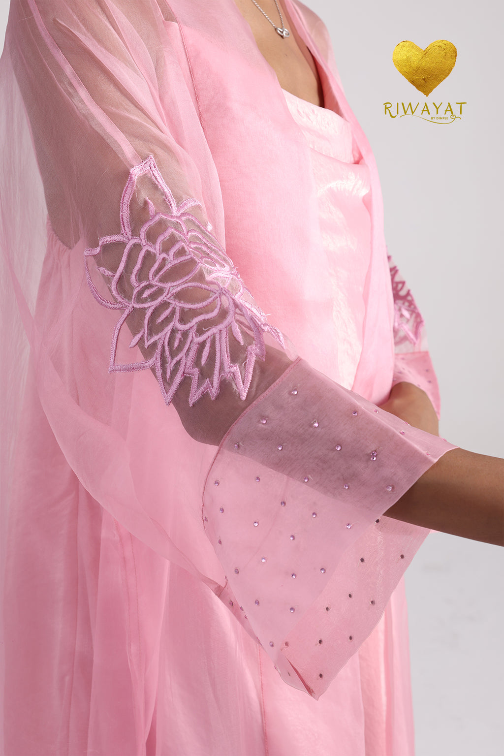 Yalla Habibi Blush Pink Dress with Floral Sheer Jacket