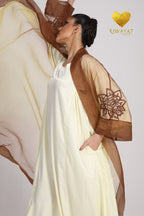 Yalla Habibi Pale Yellow Dress with Brown Floral Sheer Jacket