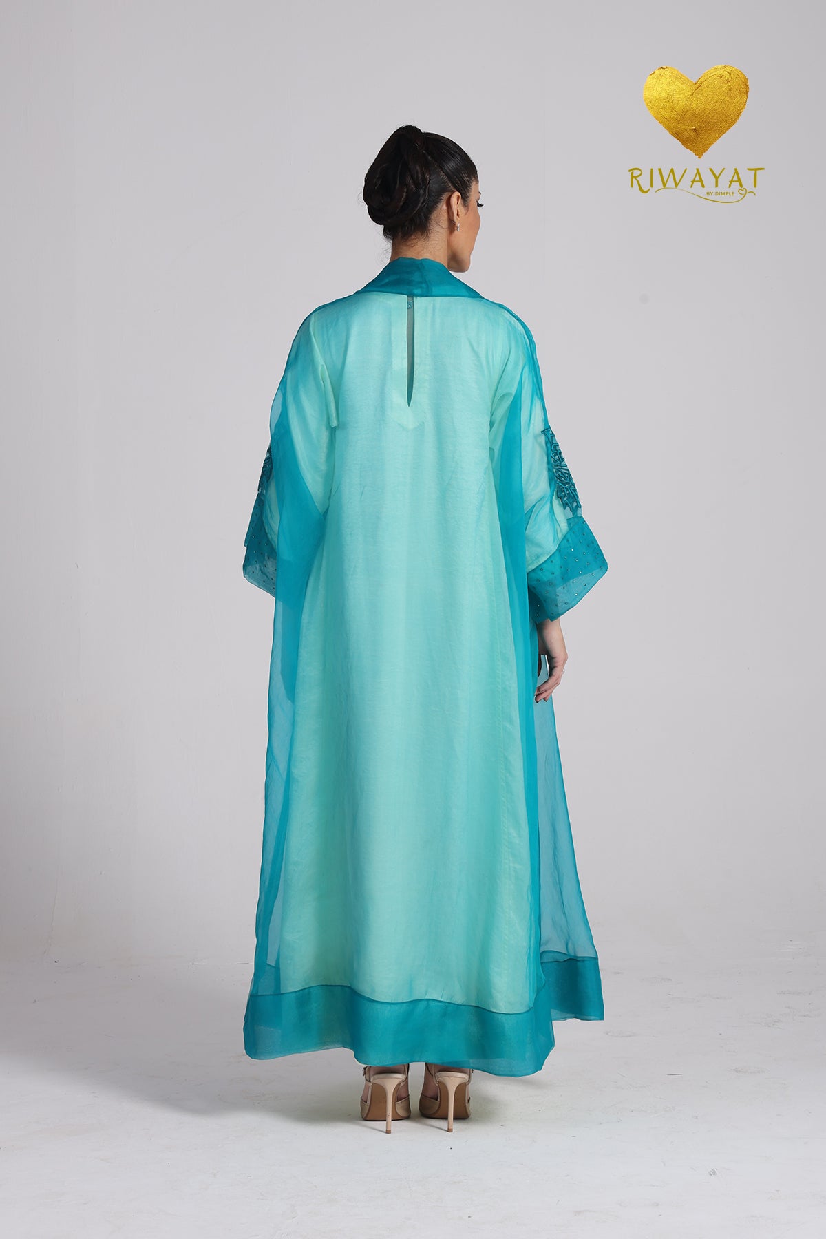 Yalla Habibi Ivory Dress with Teal Floral Sheer Jacket