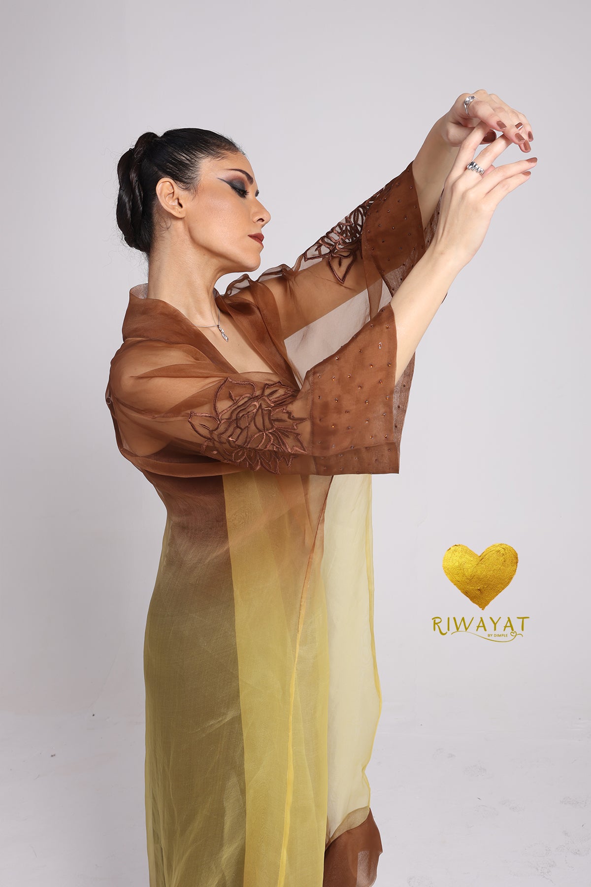 Yalla Habibi Burgundy Dress with Brown & Yellow Sheer Jacket