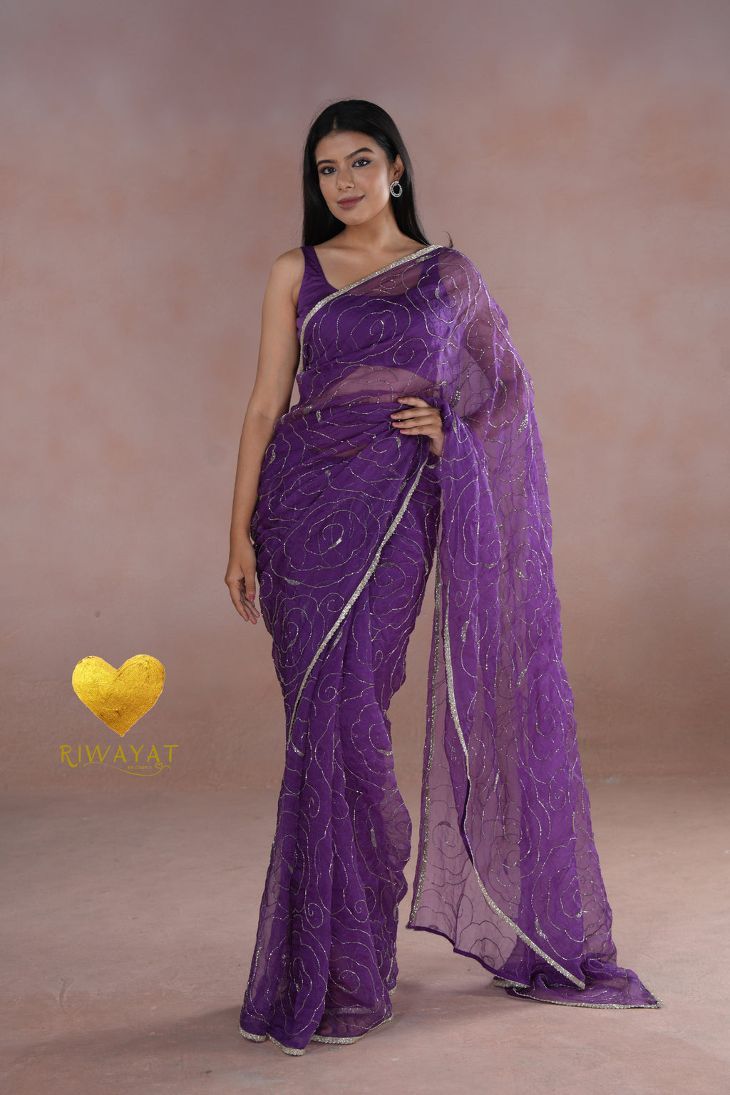 Organza Saree with Floral Swirl Embroidery