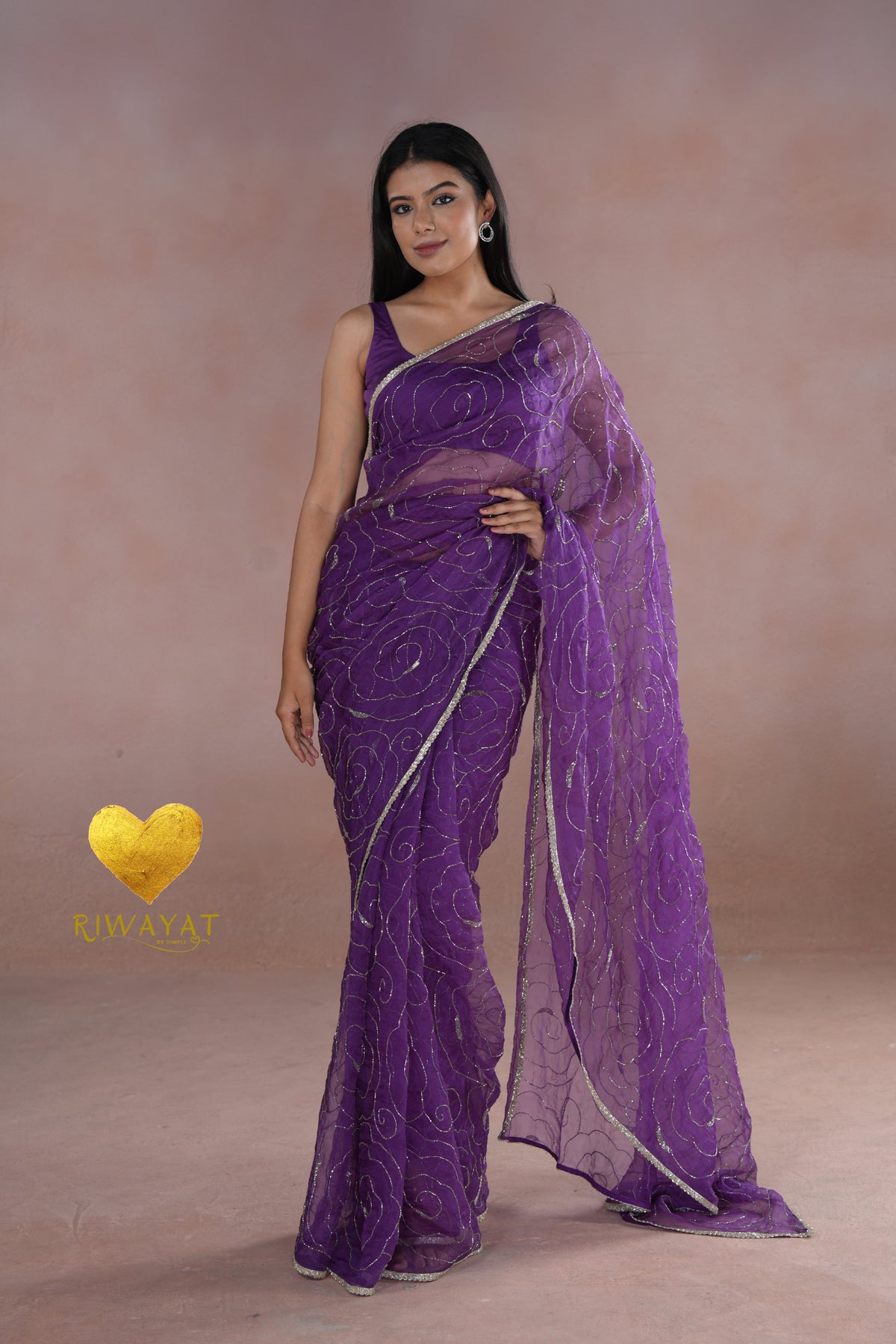 Organza Saree with Floral Swirl Embroidery