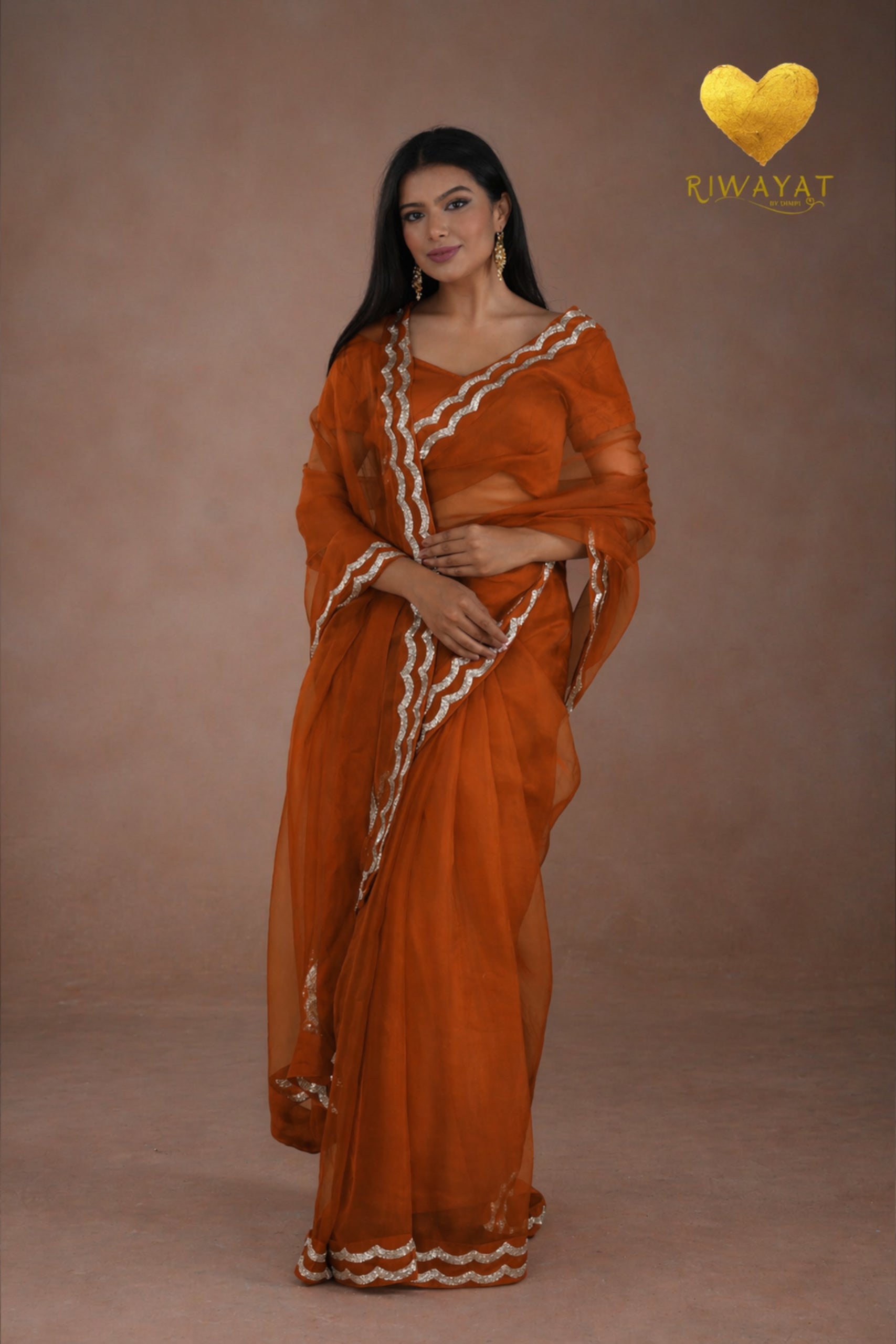 Rust Orange Silver & Gold Edge Saree