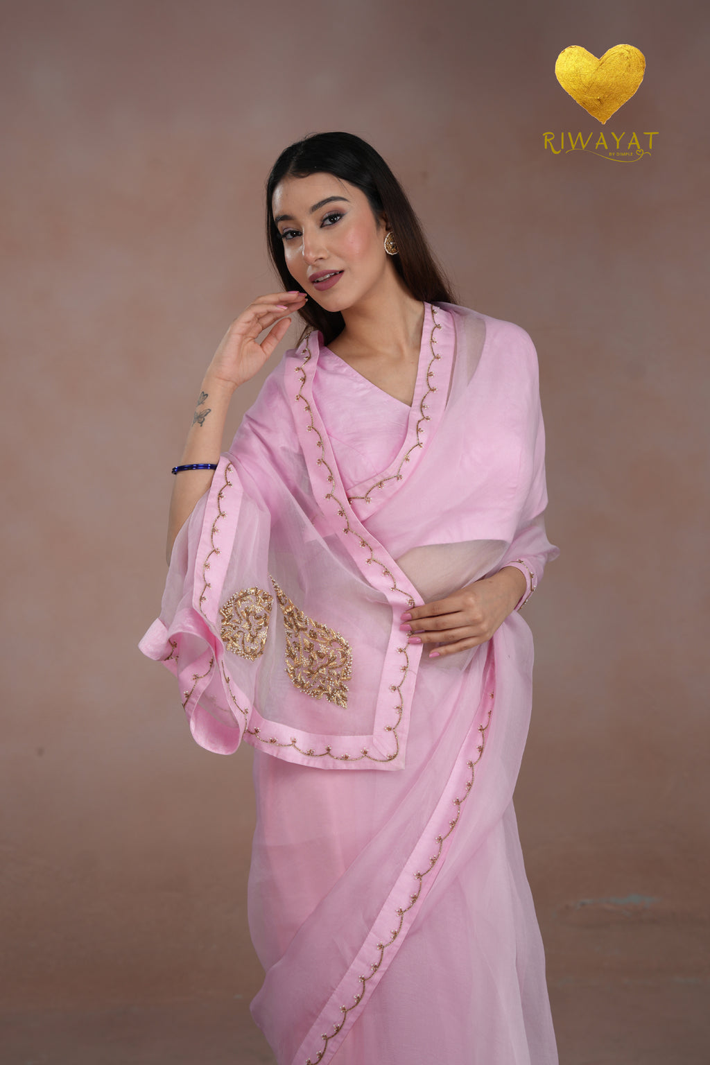 Baby Pink Kashmiri Leaf & Motif Embroidered Organza Saree