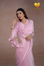 Baby Pink Kashmiri Leaf & Motif Embroidered Organza Saree