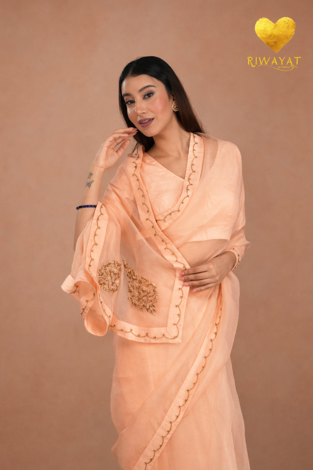 Pastel Peach Kashmiri Leaf & Motif Embroidered Organza Saree