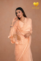 Pastel Peach Kashmiri Leaf & Motif Embroidered Organza Saree