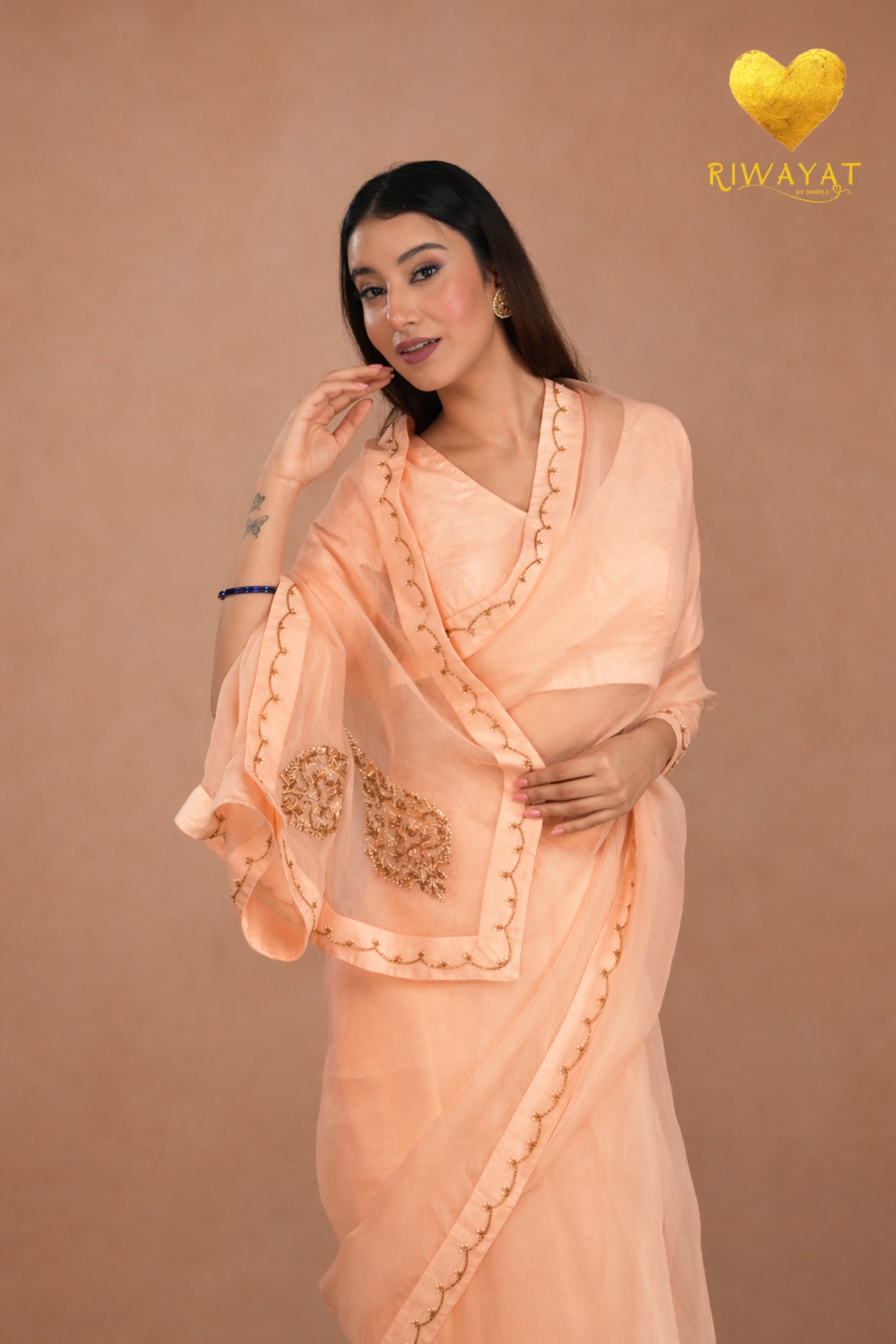 Pastel Peach Kashmiri Leaf & Motif Embroidered Organza Saree