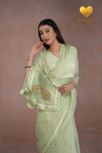 Pastel Green Kashmiri Leaf & Motif Embroidered Organza Saree