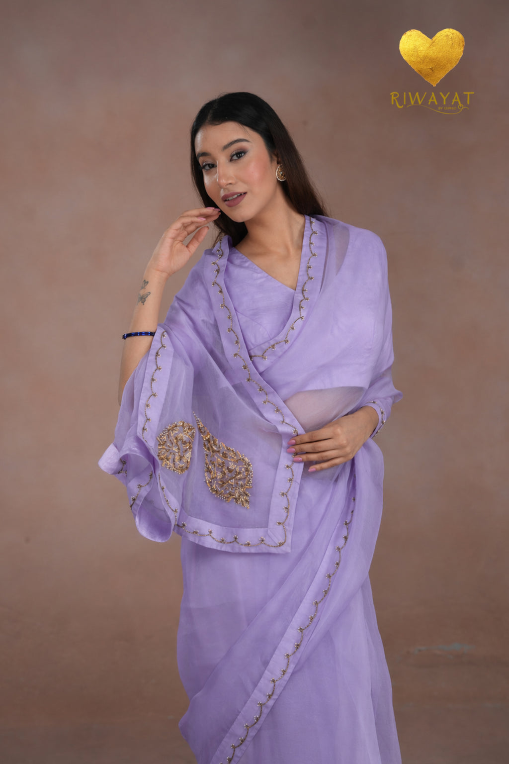 Lilac Kashmiri Leaf & Motif Embroidered Organza Saree