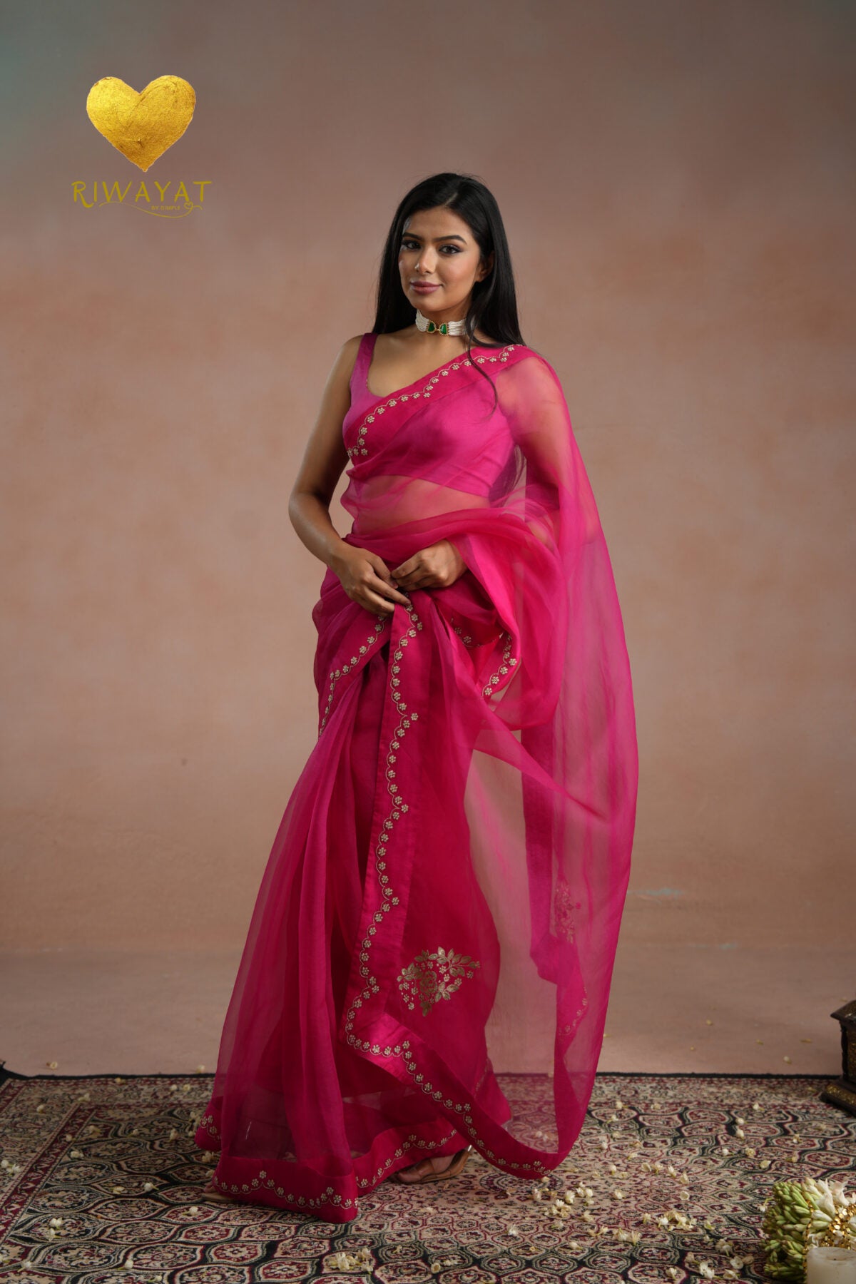 Rani Pink Zari Moti Embroidered Organza Saree