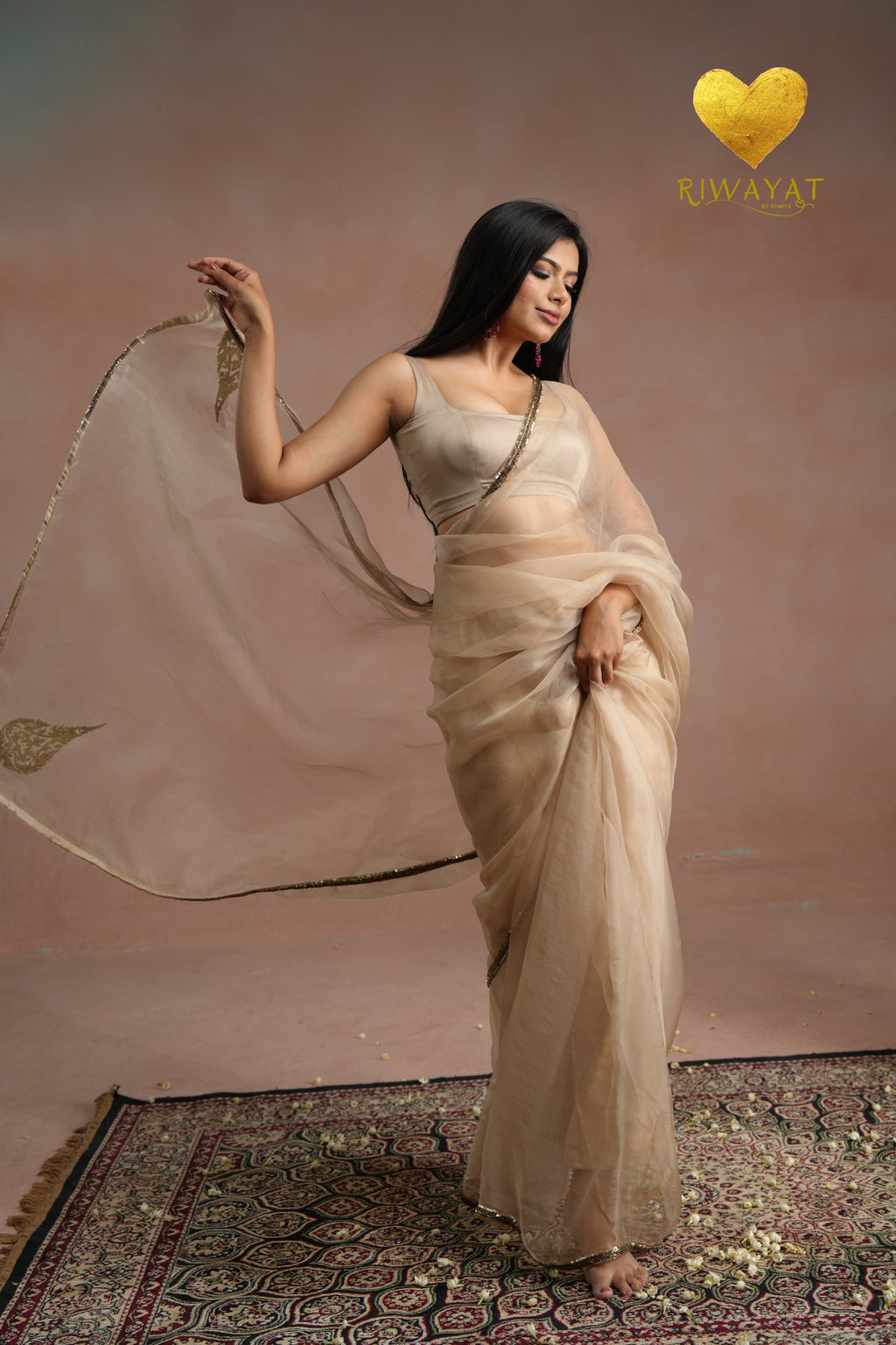 Ivory Organza Saree With Golden Brown Cutdana Kashmiri Leaf Hand Embroidery