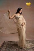 Ivory Organza Saree With Golden Brown Cutdana Kashmiri Leaf Hand Embroidery