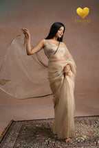 Ivory Organza Saree With Golden Brown Cutdana Kashmiri Leaf Hand Embroidery