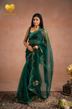 Emerald Green Zari Moti Embroidered Organza Saree
