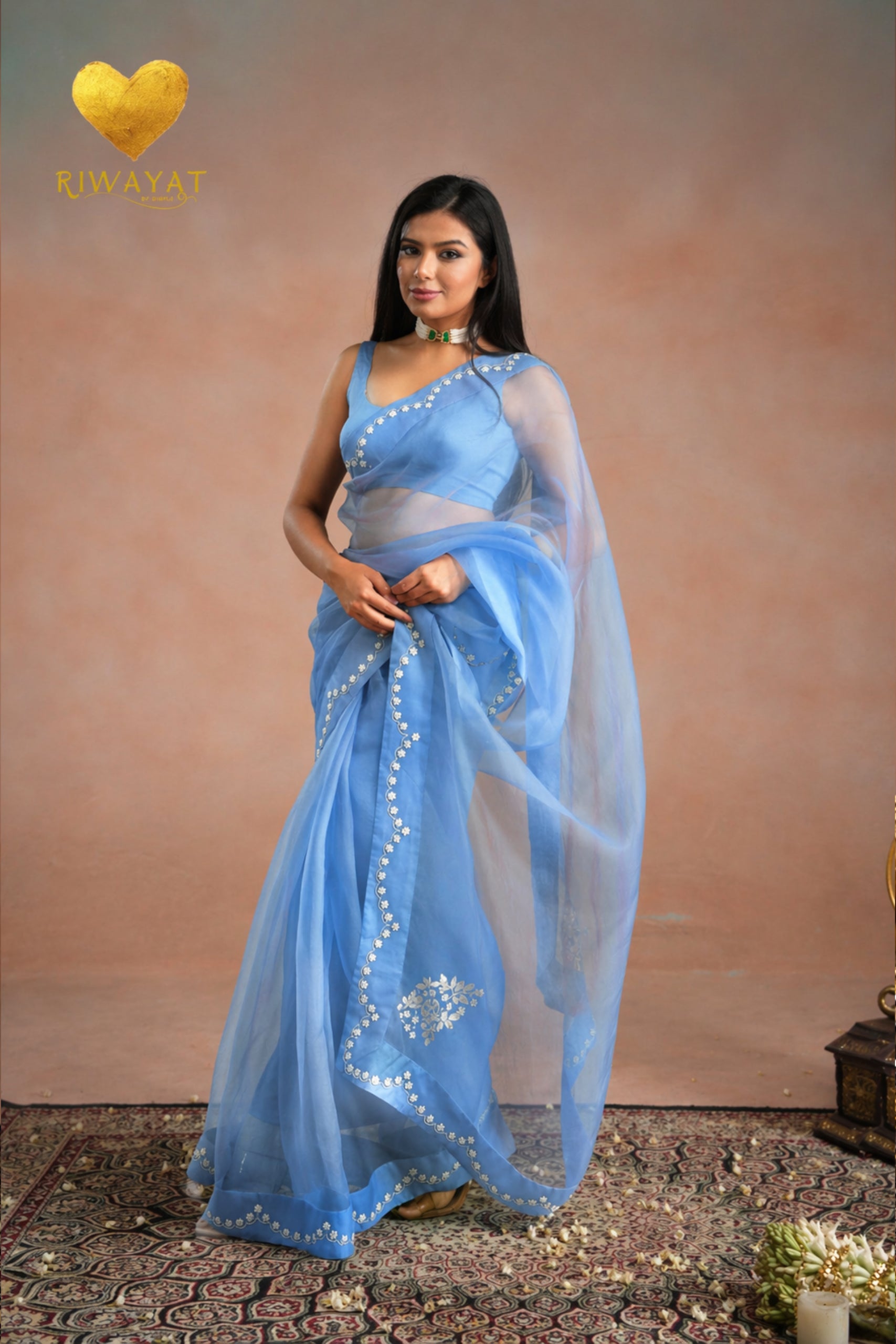 Baby Blue Zari Moti Embroidered Organza Saree