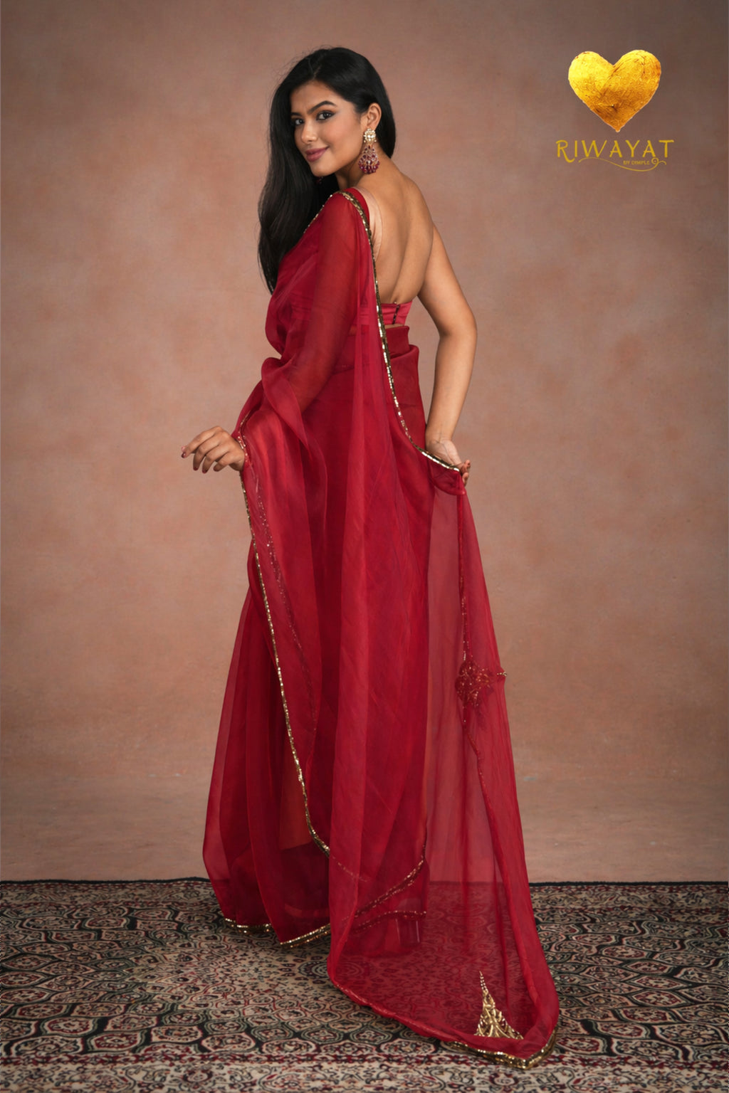 Deep Red Organza Saree With Golden Brown Cutdana Kashmiri Leaf Hand Embroidery