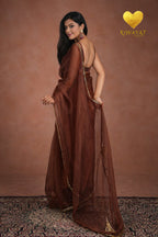 Coke Organza Saree With Golden Brown Cutdana Kashmiri Leaf Hand Embroidery