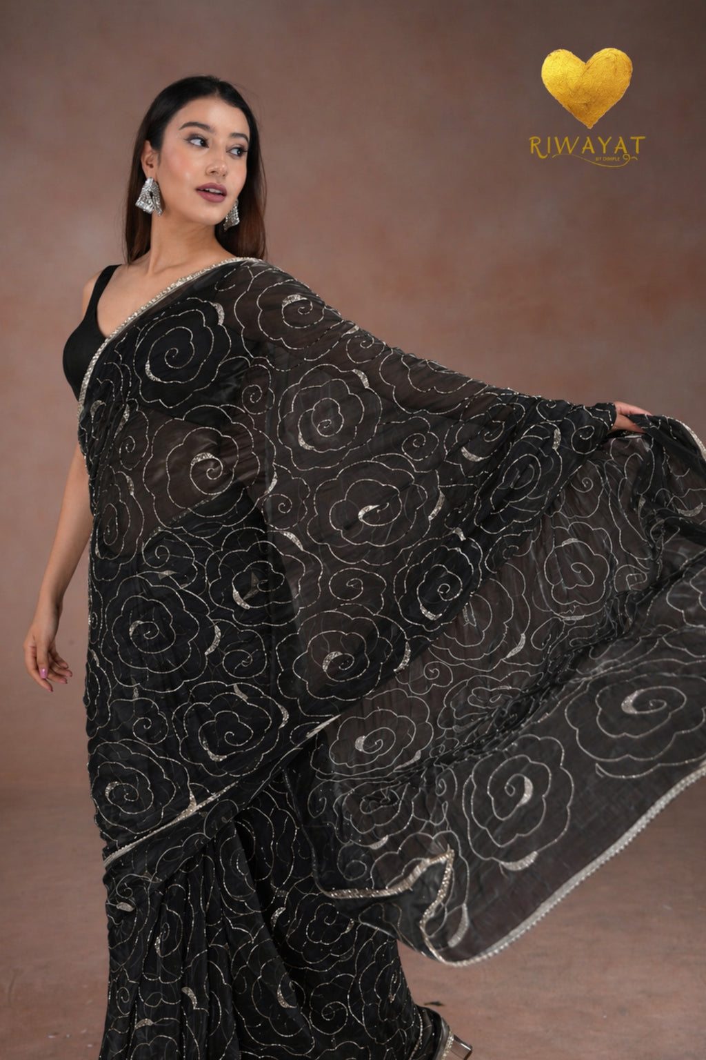 Black Organza Saree with Floral Swirl Embroidery