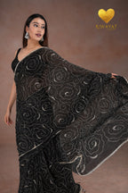 Black Organza Saree with Floral Swirl Embroidery