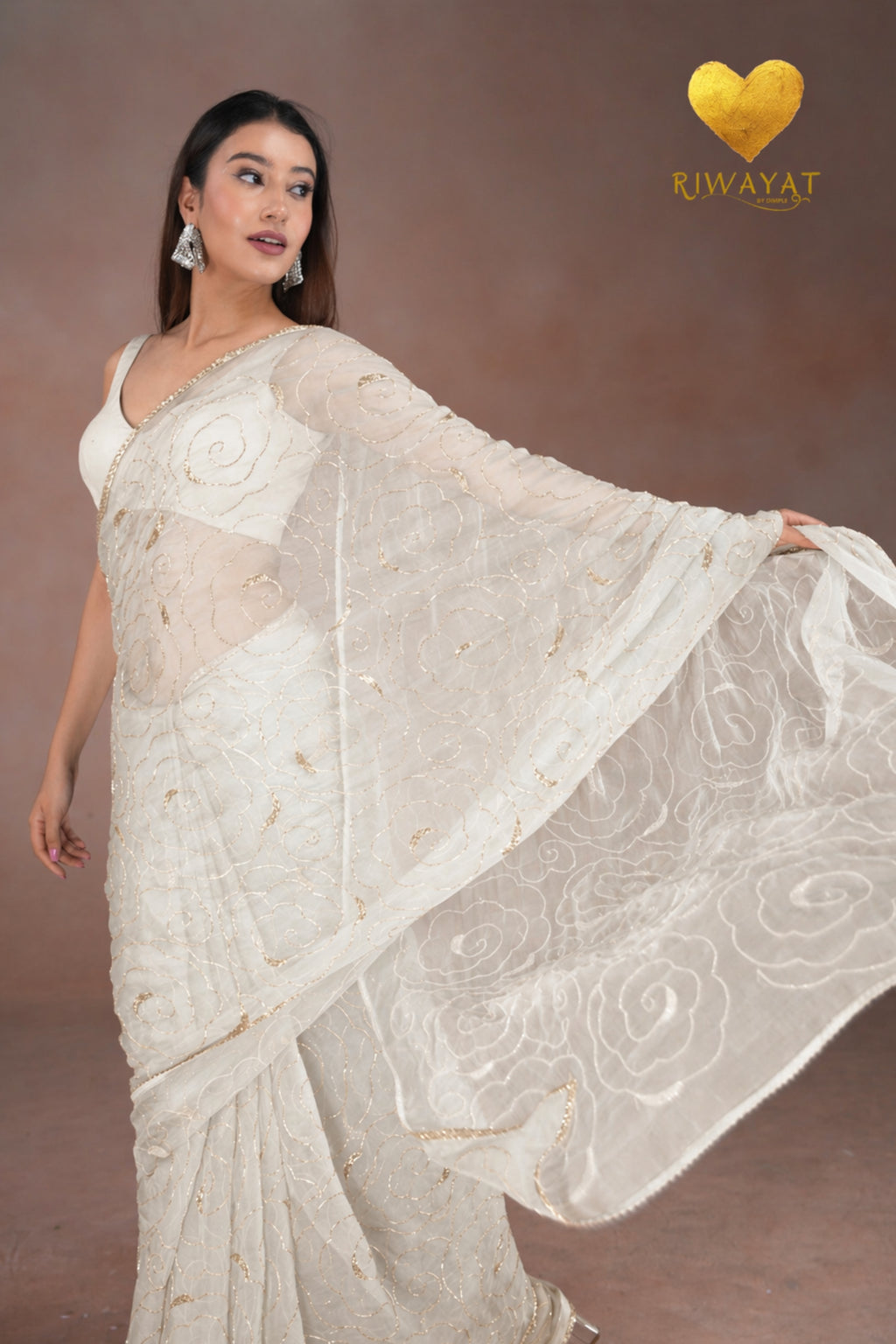 Ice White Organza Saree with Floral Swirl Embroidery