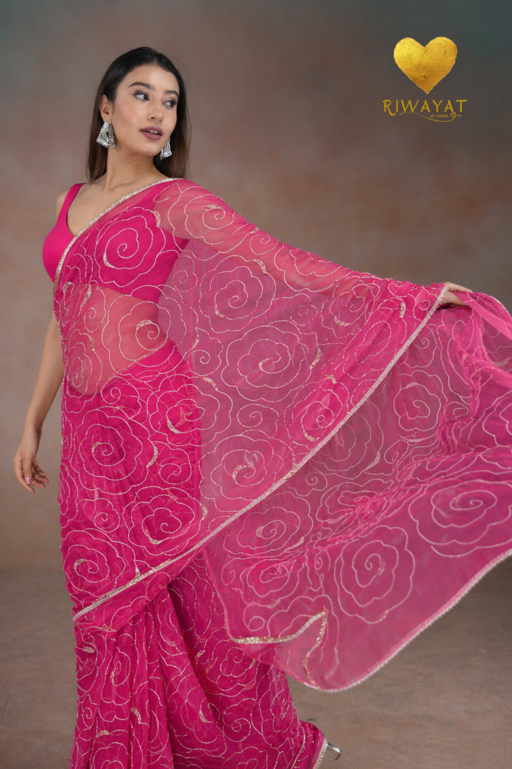 Deep Pink Organza Saree with Floral Swirl Embroidery