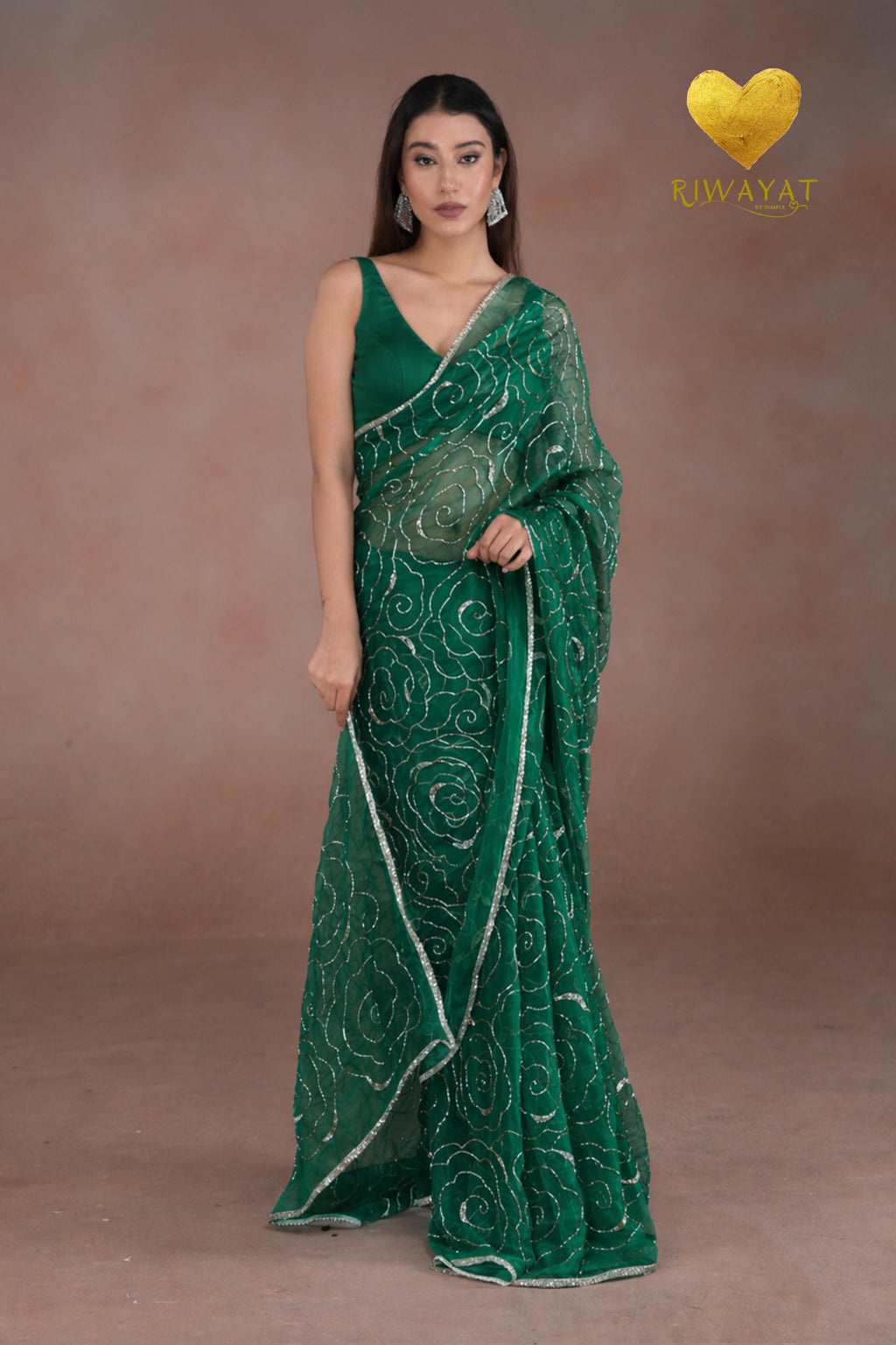 Emerald Green Organza Saree with Floral Swirl Embroidery
