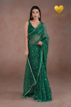 Emerald Green Organza Saree with Floral Swirl Embroidery