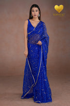 Royal Blue Organza Saree with Floral Swirl Embroidery