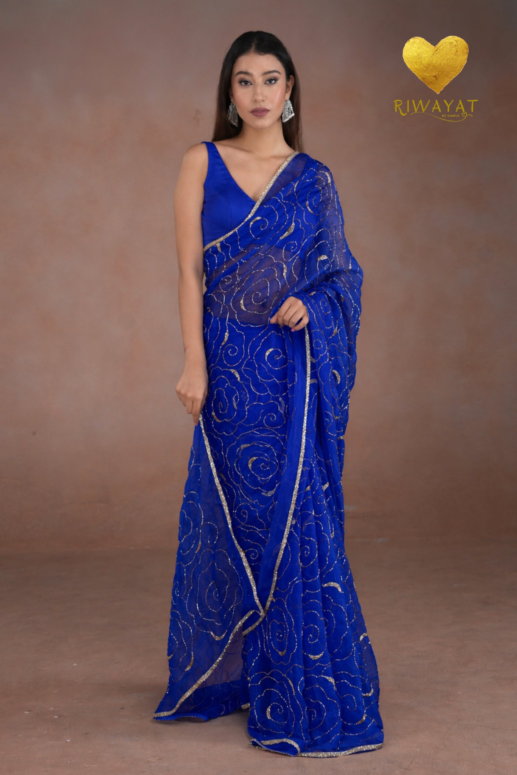 Royal Blue Organza Saree with Floral Swirl Embroidery