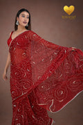 Scarlet Red Organza Saree with Floral Swirl Embroidery