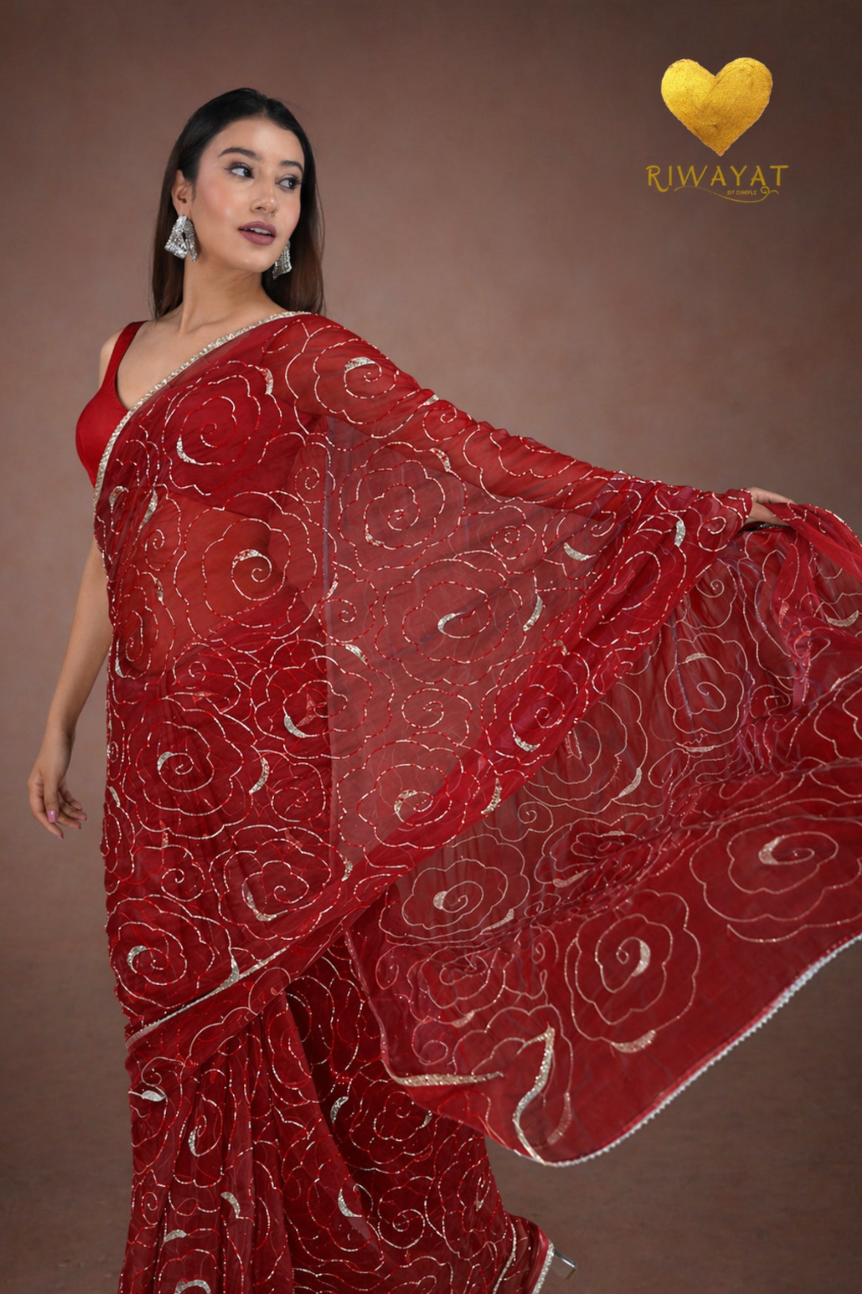 Scarlet Red Organza Saree with Floral Swirl Embroidery
