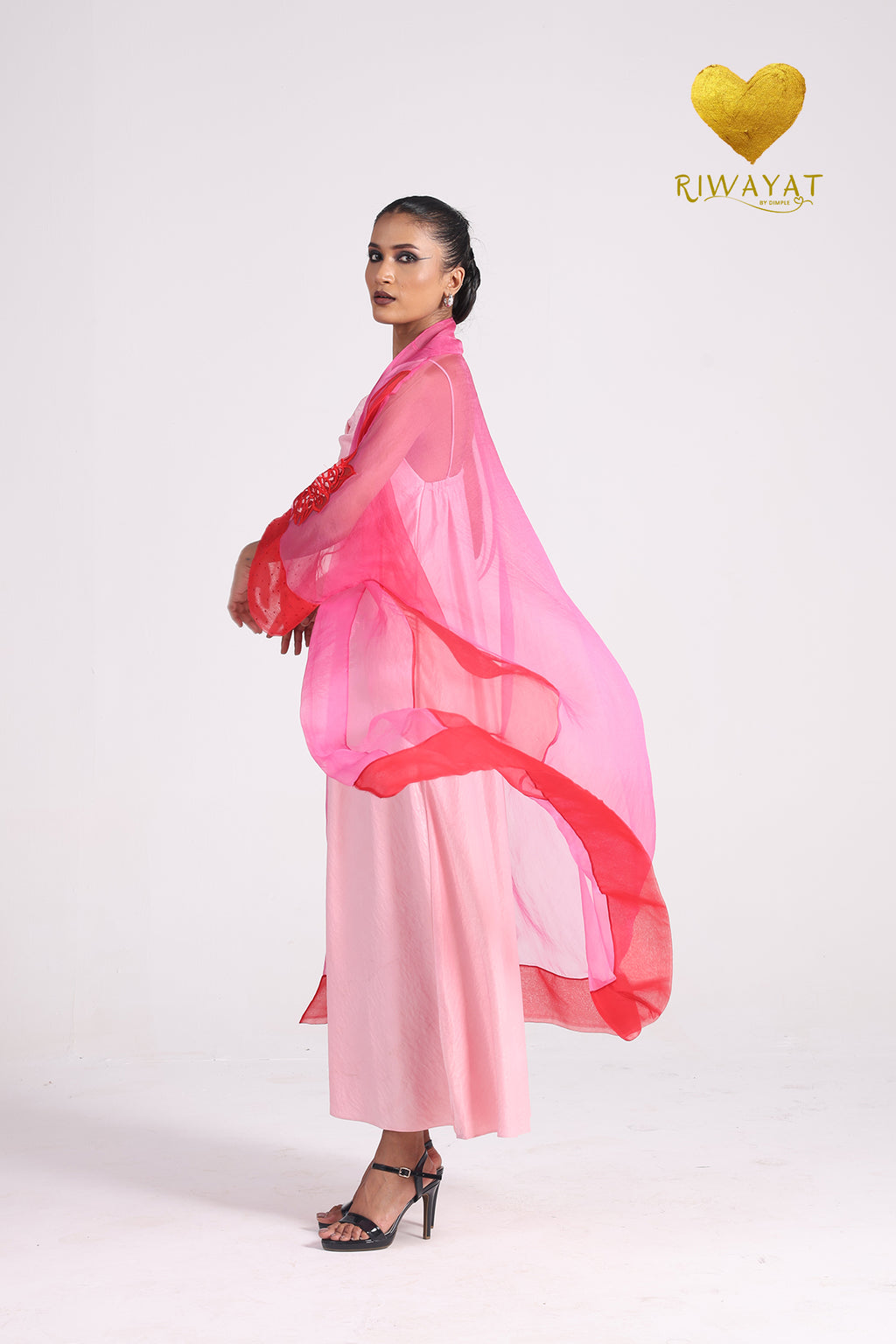 Yalla Habibi Blush Pink Dress with Pink & Red Sheer Jacket