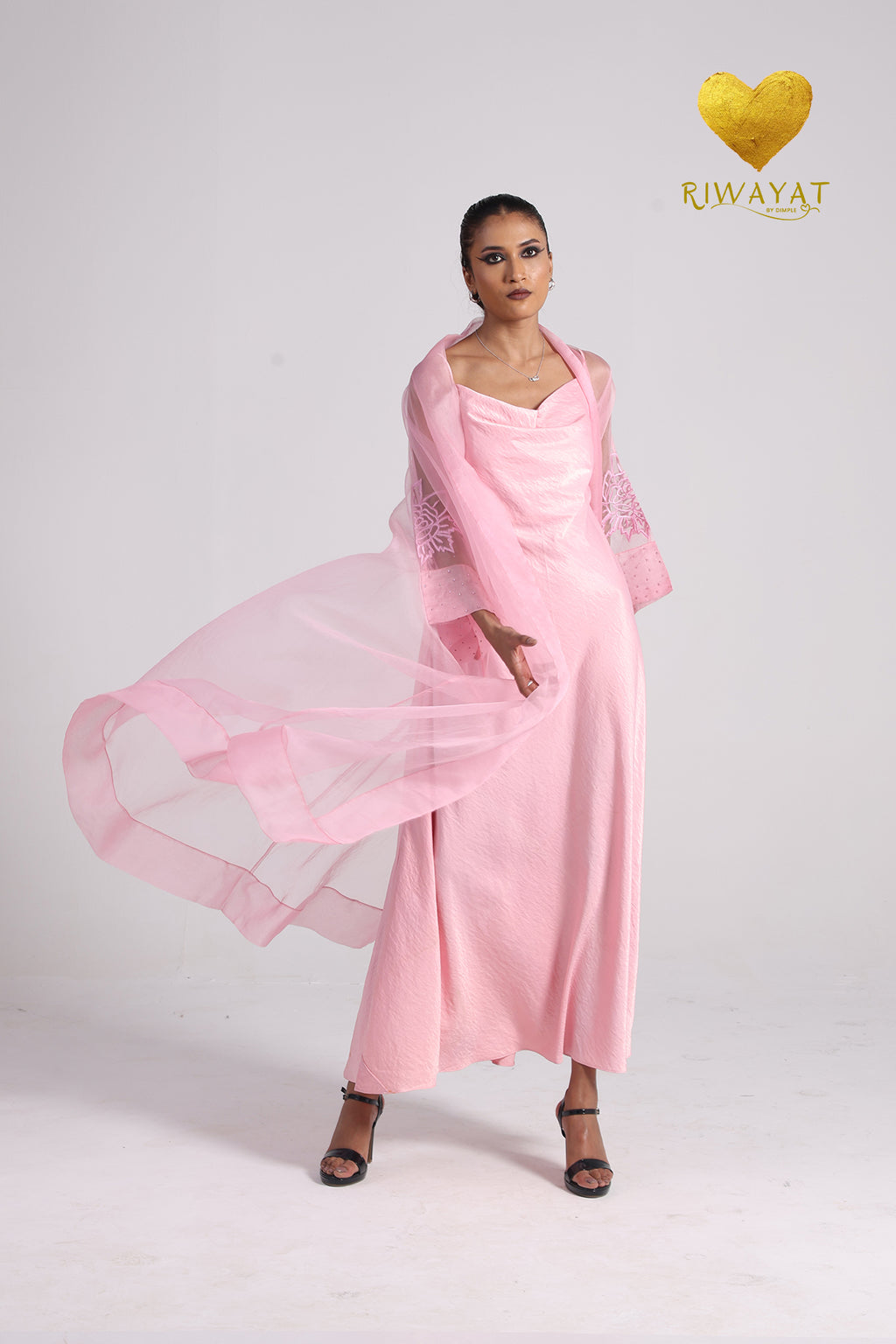 Yalla Habibi Blush Pink Dress with Floral Sheer Jacket