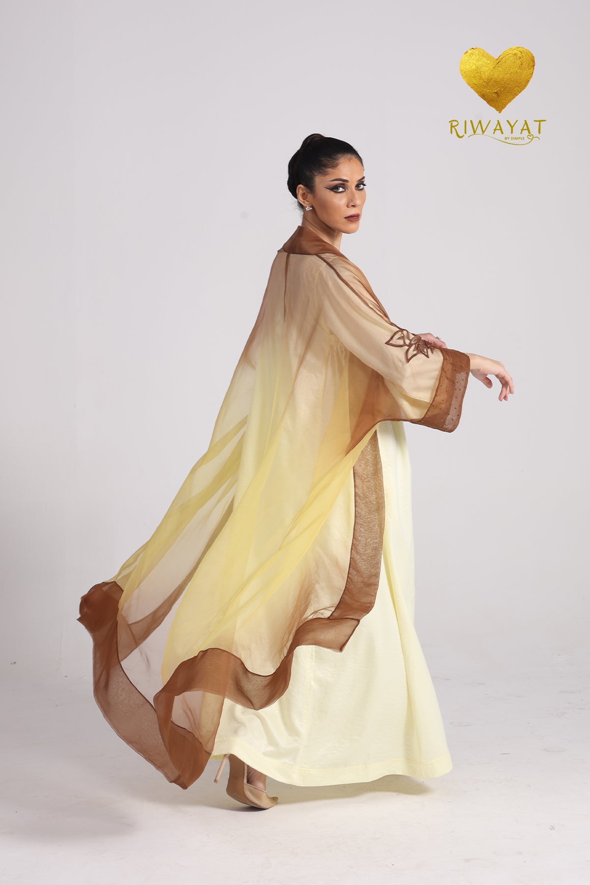 Yalla Habibi Pale Yellow Dress with Brown Floral Sheer Jacket