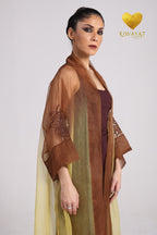 Yalla Habibi Burgundy Dress with Brown & Yellow Sheer Jacket
