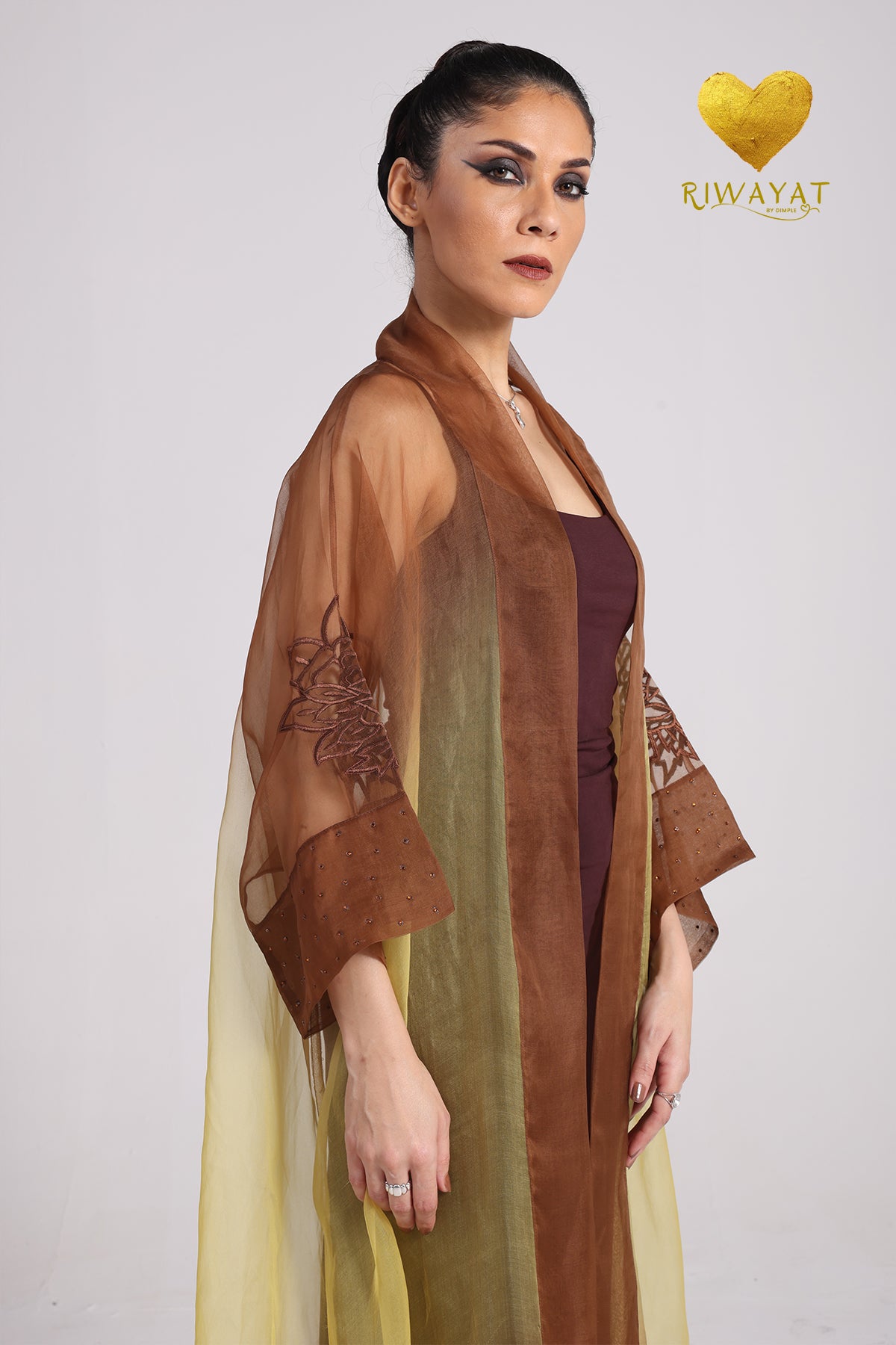 Yalla Habibi Burgundy Dress with Brown & Yellow Sheer Jacket
