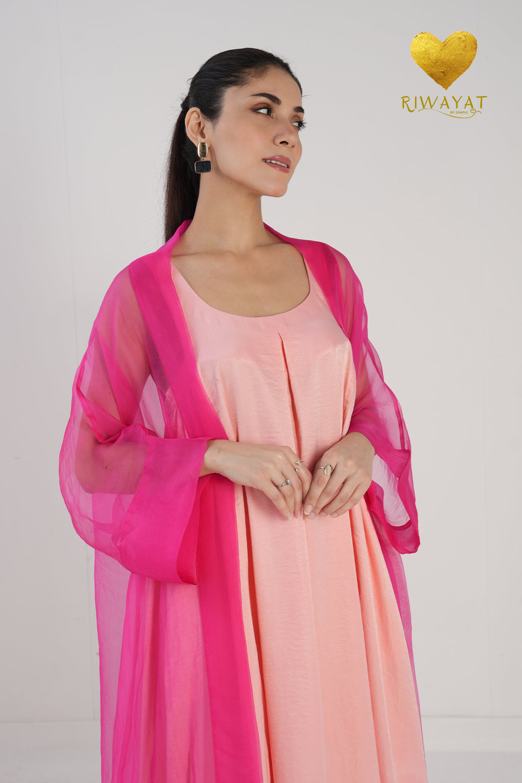 Yalla Habibi Peach Dress with Pink Sheer Jacket