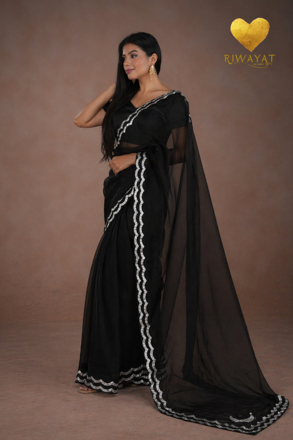 Jet Black Silver & Gold Edge Saree