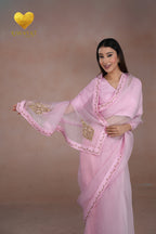 Baby Pink Kashmiri Leaf & Motif Embroidered Organza Saree