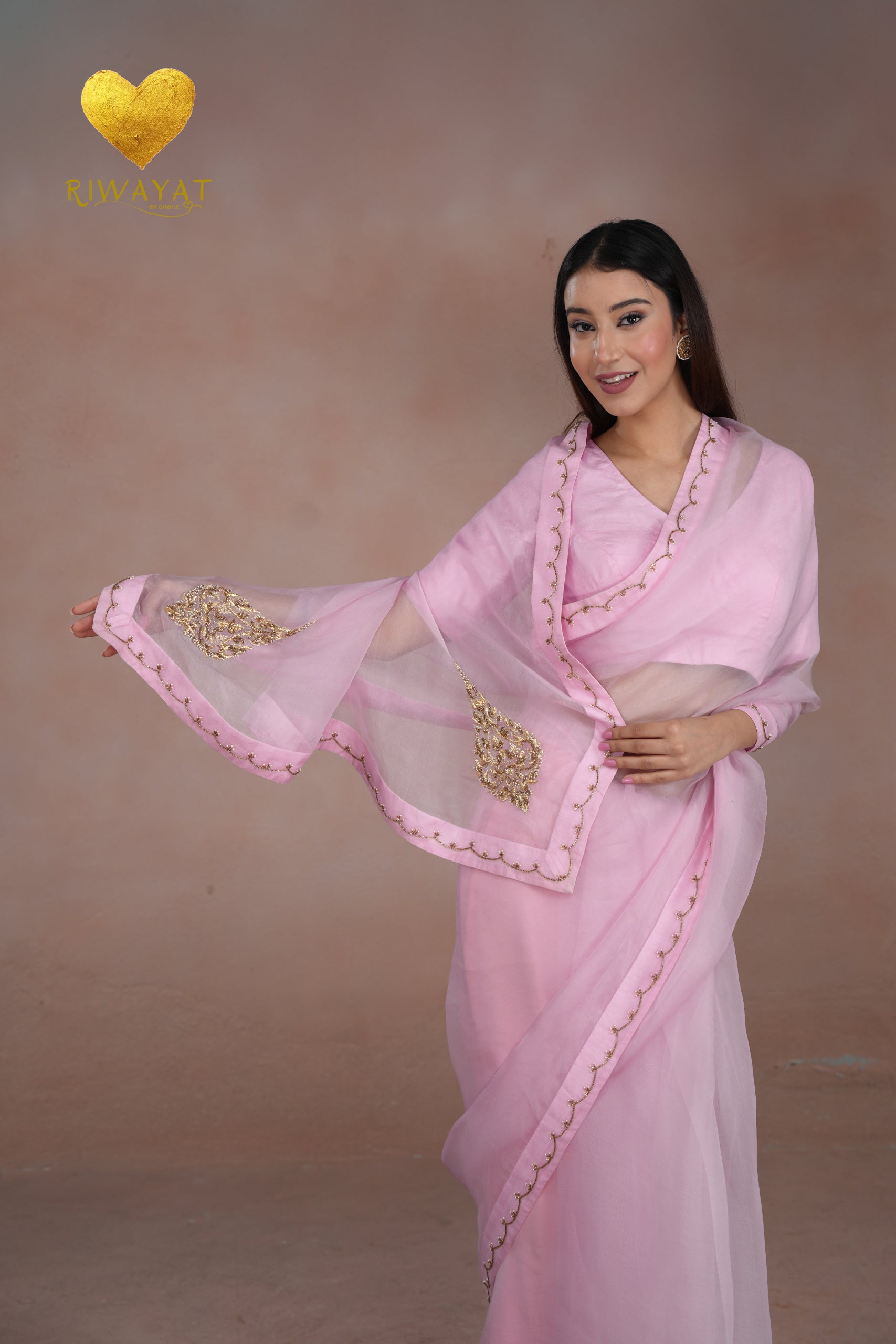 Baby Pink Kashmiri Leaf & Motif Embroidered Organza Saree
