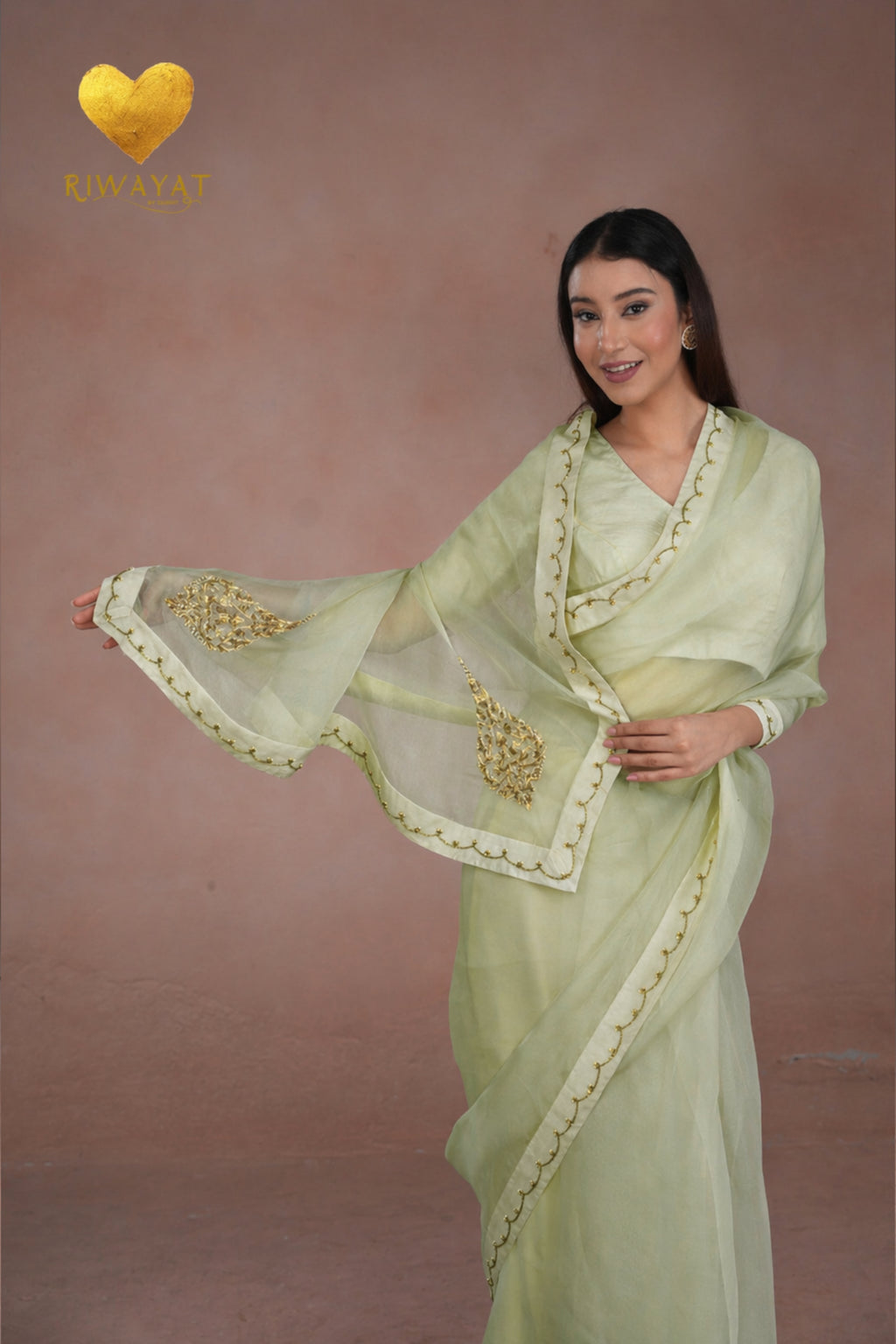 Pastel Green Kashmiri Leaf & Motif Embroidered Organza Saree