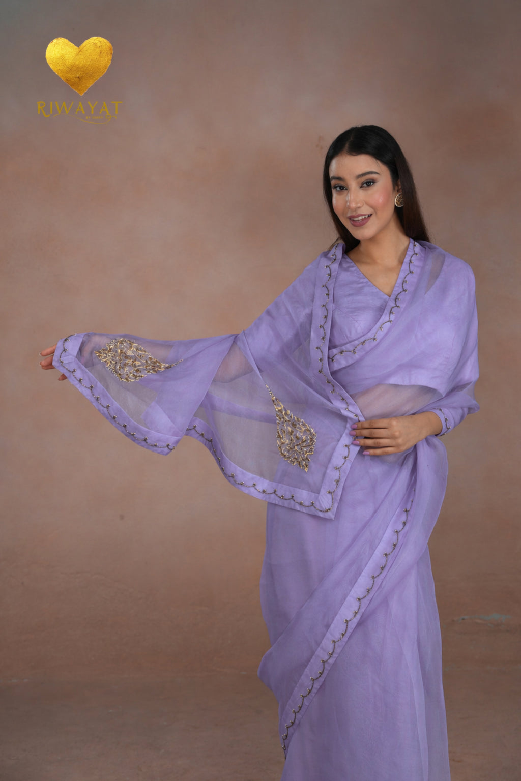 Lilac Kashmiri Leaf & Motif Embroidered Organza Saree