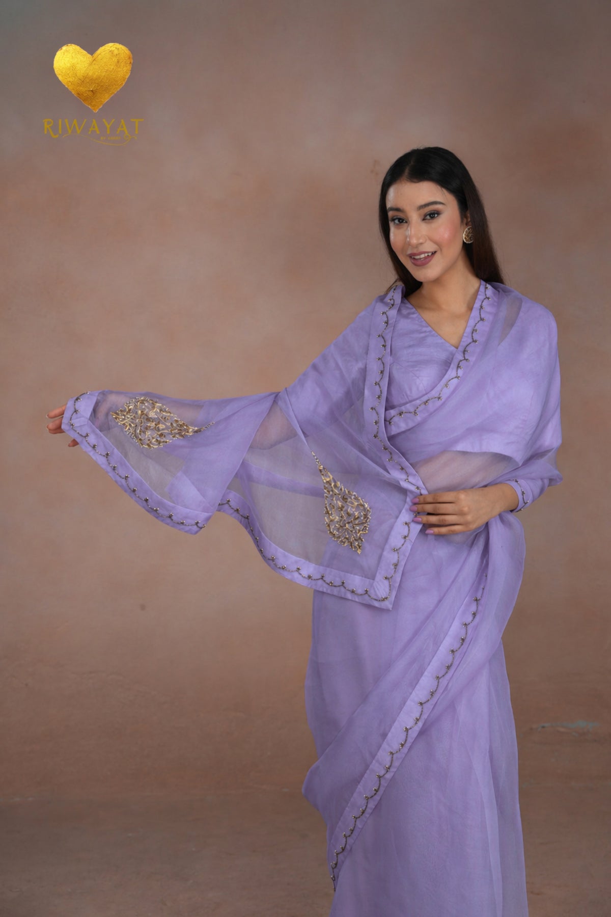 Lilac Kashmiri Leaf & Motif Embroidered Organza Saree