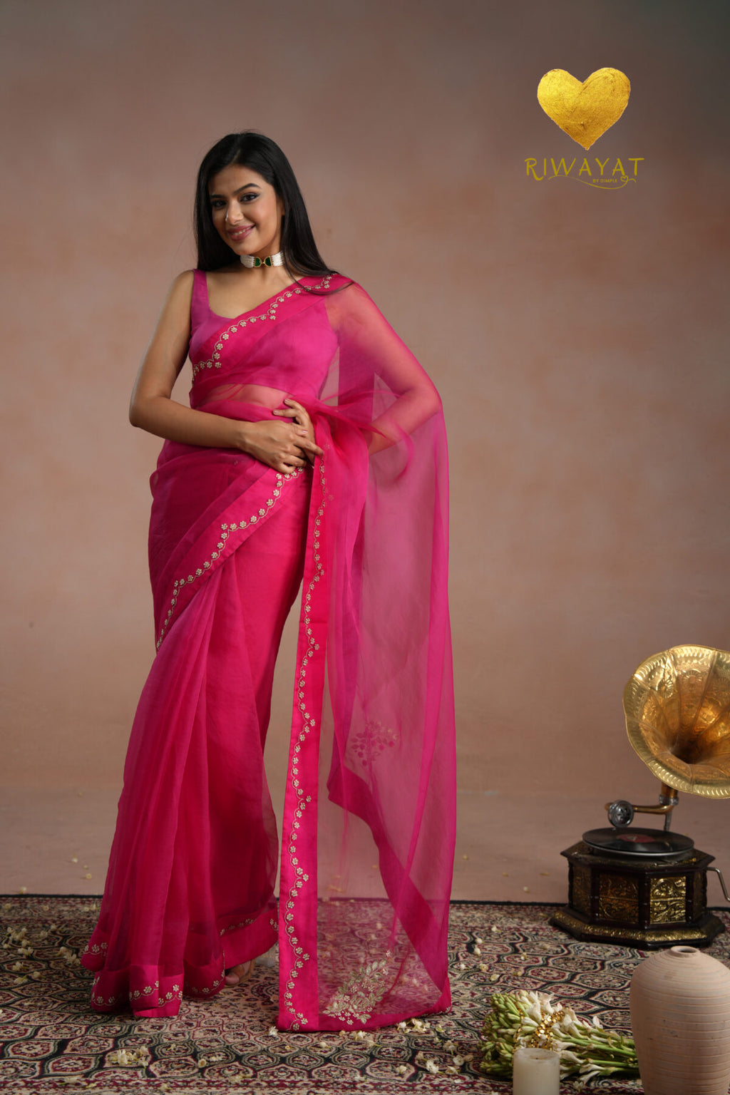 Rani Pink Zari Moti Embroidered Organza Saree