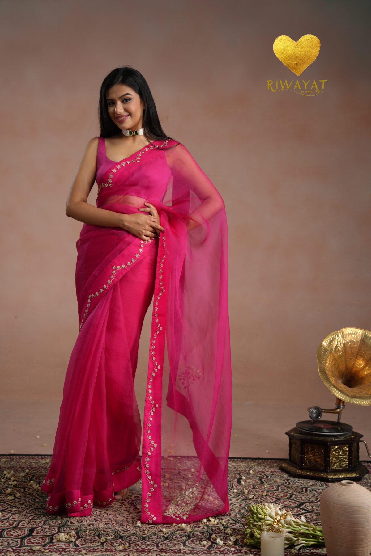 Rani Pink Zari Moti Embroidered Organza Saree