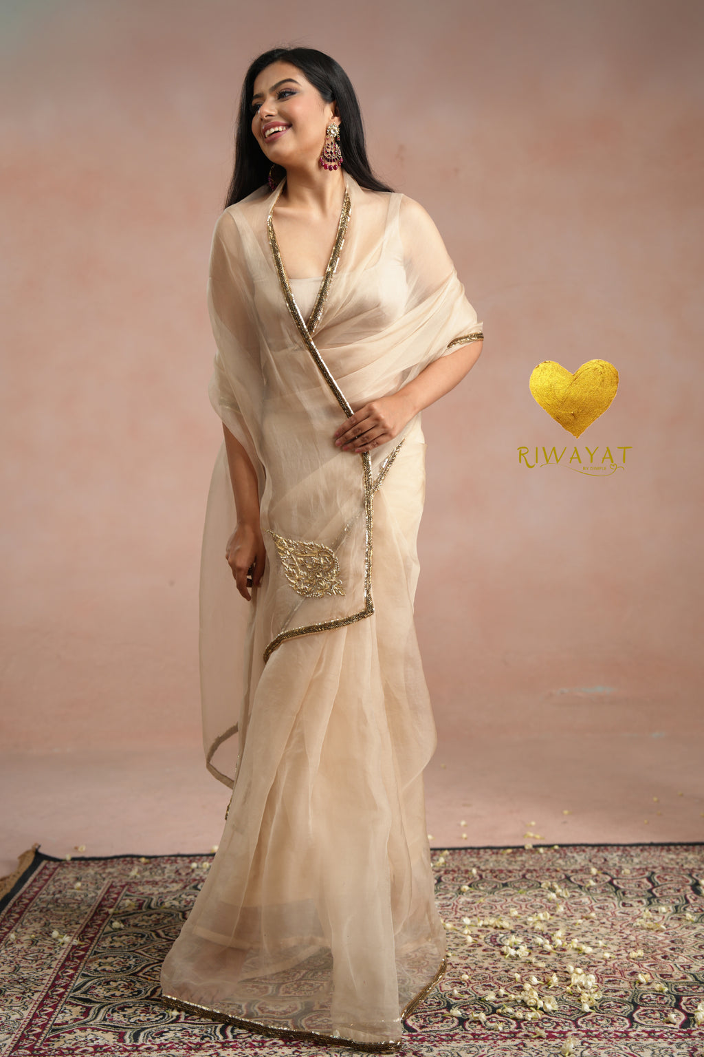 Ivory Organza Saree With Golden Brown Cutdana Kashmiri Leaf Hand Embroidery