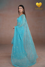 Turquoise Blue Organza Saree with Floral Swirl Embroidery
