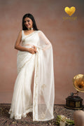 Pearl White Zari Moti Embroidered Organza Saree