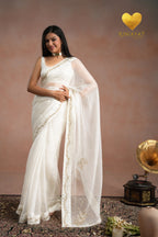 Pearl White Zari Moti Embroidered Organza Saree